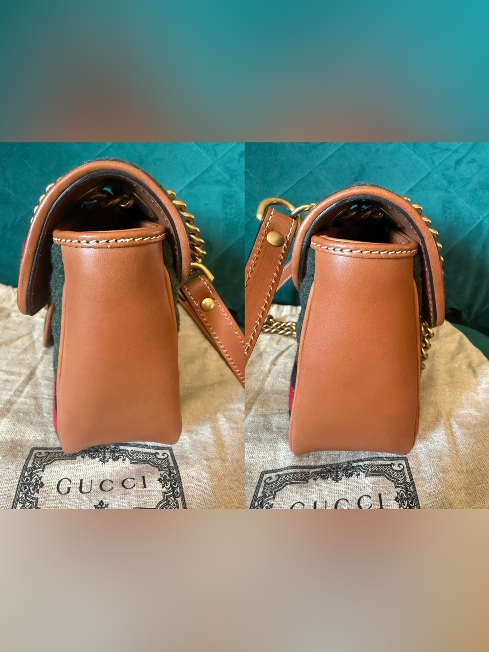 Gucci Navy Red Green Stripe GG Shoulder Bag with Tan Trim - Picture 8 of 16
